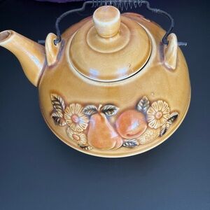 Vintage Royal Sealy Teapot, Golden Brown Floral Fruit with Wire Handle, Japan
